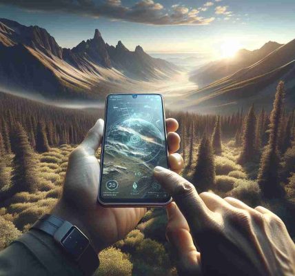 A highly-detailed, realistic and high-definition image displaying the concept of staying connected while in the wilderness. The image should depict a rugged outdoor landscape, possibly a vast forest or mountain range under a clear sky. In this environment, we see a hand holding a sophisticated smartphone. The screen of the phone should display satellite imagery, indicating advanced features that allow users to stay connected and navigate even in remote locations. Soft sunlight filters through the trees and illuminates the phone screen, the human hand should belong to an adult South Asian male. Extra detail should be given to the interface shown on the smartphone screen, highlighting the satellite capabilities.