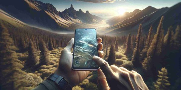 A highly-detailed, realistic and high-definition image displaying the concept of staying connected while in the wilderness. The image should depict a rugged outdoor landscape, possibly a vast forest or mountain range under a clear sky. In this environment, we see a hand holding a sophisticated smartphone. The screen of the phone should display satellite imagery, indicating advanced features that allow users to stay connected and navigate even in remote locations. Soft sunlight filters through the trees and illuminates the phone screen, the human hand should belong to an adult South Asian male. Extra detail should be given to the interface shown on the smartphone screen, highlighting the satellite capabilities.