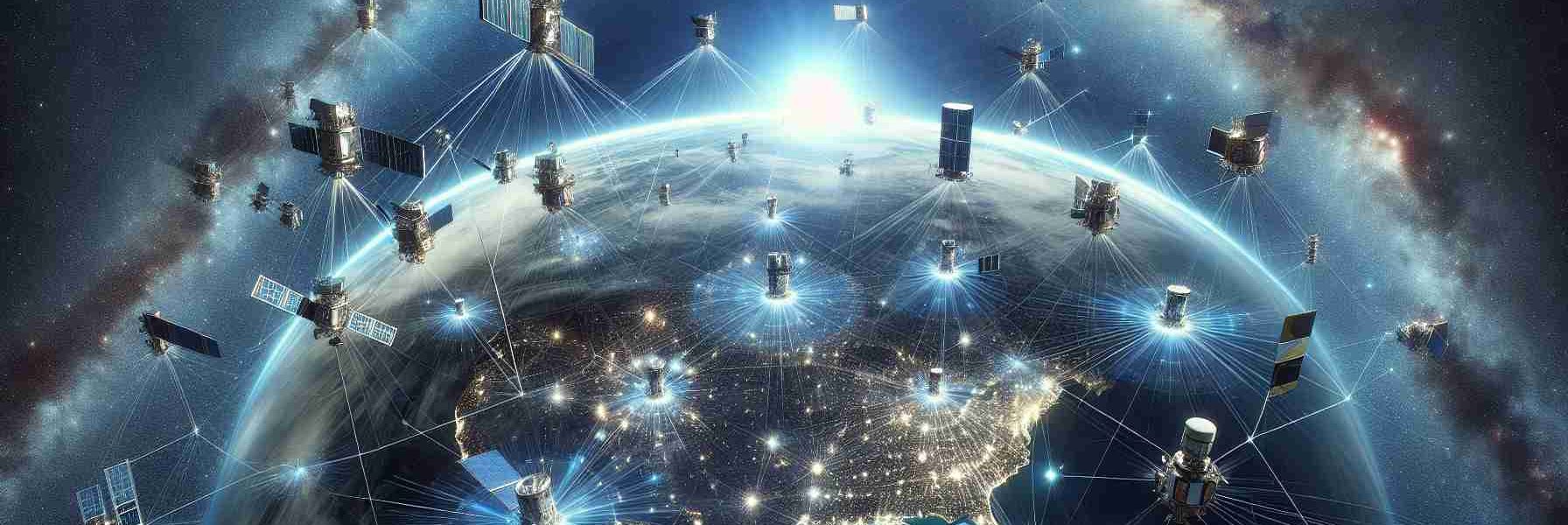 A high-definition, realistic visual of the future of Satellite Internet of Things (IoT) as an expanding frontier. It encompasses a network of satellites interconnected in a complex architecture in space. The satellites should be of various shapes and sizes to signify different functionalities. Lower Earth orbit (LEO), Medium Earth Orbit (MEO) and Geostationary Orbit (GEO) should be visible. Earth is seen from space with a radiant blue glow, while data streams in the form of light beams connect the satellites, signifying communication pathways. The cosmos in the backdrop is studded with stars and distant galaxies, giving an expansive, limitless feel.