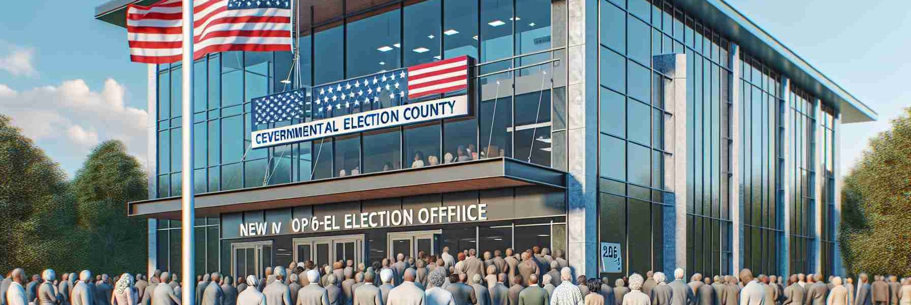 High-definition realistic image of a newly opened governmental election office in Centre County. The exterior view showcases the modern architecture with glass windows, the logo of the election authority, and the American flag waving in the breeze. There is a crowd of individuals of various descents and genders, citizens waiting to register or update their voter details, portraying the diversity and inclusivity of the democratic process.