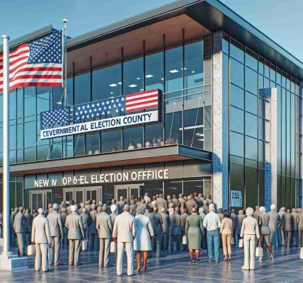 High-definition realistic image of a newly opened governmental election office in Centre County. The exterior view showcases the modern architecture with glass windows, the logo of the election authority, and the American flag waving in the breeze. There is a crowd of individuals of various descents and genders, citizens waiting to register or update their voter details, portraying the diversity and inclusivity of the democratic process.