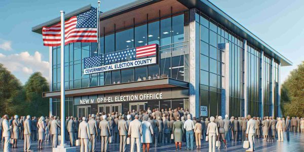 High-definition realistic image of a newly opened governmental election office in Centre County. The exterior view showcases the modern architecture with glass windows, the logo of the election authority, and the American flag waving in the breeze. There is a crowd of individuals of various descents and genders, citizens waiting to register or update their voter details, portraying the diversity and inclusivity of the democratic process.