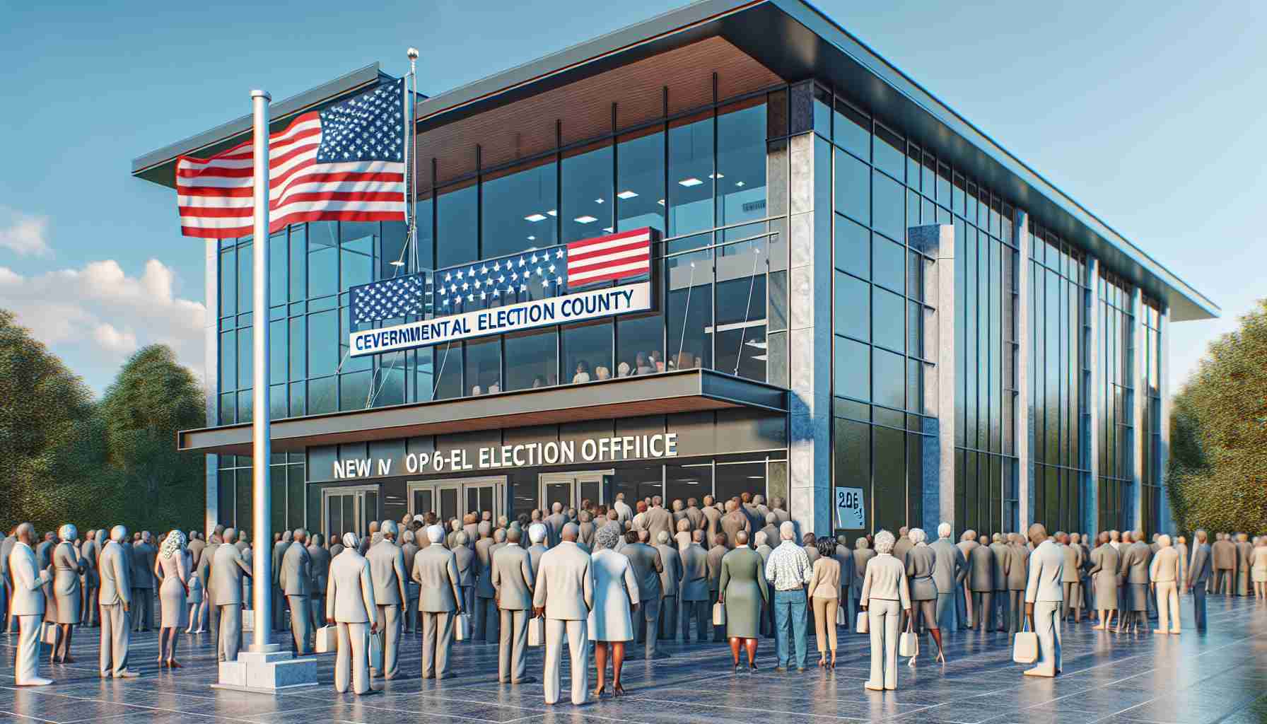 High-definition realistic image of a newly opened governmental election office in Centre County. The exterior view showcases the modern architecture with glass windows, the logo of the election authority, and the American flag waving in the breeze. There is a crowd of individuals of various descents and genders, citizens waiting to register or update their voter details, portraying the diversity and inclusivity of the democratic process.