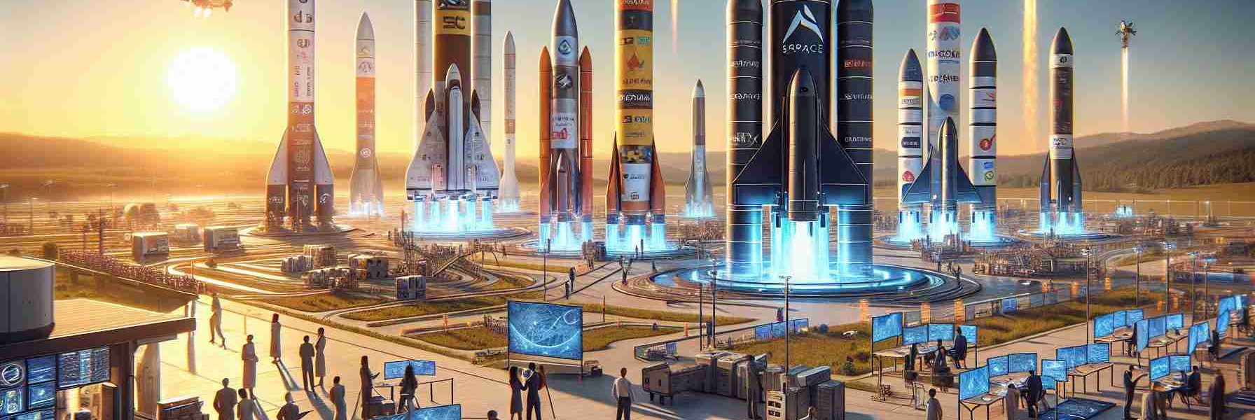 A detailed, high-definition image showcasing a futuristic scene where new startups are contributing to the space revolution. It exhibits a thriving spaceport, bustling with activity. Around it are towering rockets painted with vibrant company logos, ready for launch. Diverse groups of personnel, ranging from Caucasian engineer analyzing blueprints, Black astronaut preparing for flight, to a South Asian scientist examining a prototype device are seen. The setting sun casts a golden hue over the scene, symbolizing the dawn of this new era in space exploration.