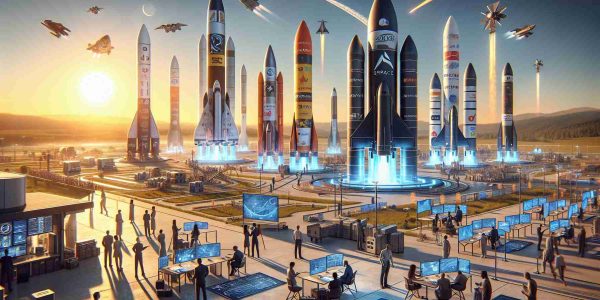 A detailed, high-definition image showcasing a futuristic scene where new startups are contributing to the space revolution. It exhibits a thriving spaceport, bustling with activity. Around it are towering rockets painted with vibrant company logos, ready for launch. Diverse groups of personnel, ranging from Caucasian engineer analyzing blueprints, Black astronaut preparing for flight, to a South Asian scientist examining a prototype device are seen. The setting sun casts a golden hue over the scene, symbolizing the dawn of this new era in space exploration.