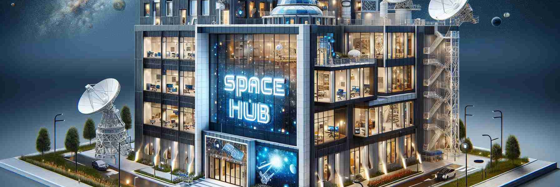 Realistic, high-definition representation of a college launching innovative space hub. Picture should depict a modern building with noticeable astronomical characteristics such as a satellite dish, a telescope, and themed decorations representing the cosmos. The structure should also have the words 'Space Hub' prominently displayed.