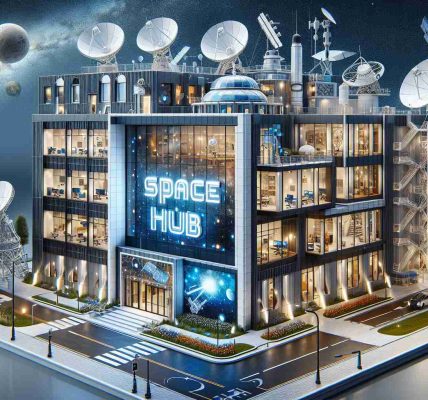 Realistic, high-definition representation of a college launching innovative space hub. Picture should depict a modern building with noticeable astronomical characteristics such as a satellite dish, a telescope, and themed decorations representing the cosmos. The structure should also have the words 'Space Hub' prominently displayed.