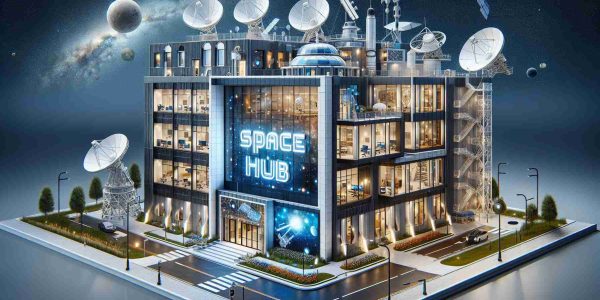 Realistic, high-definition representation of a college launching innovative space hub. Picture should depict a modern building with noticeable astronomical characteristics such as a satellite dish, a telescope, and themed decorations representing the cosmos. The structure should also have the words 'Space Hub' prominently displayed.