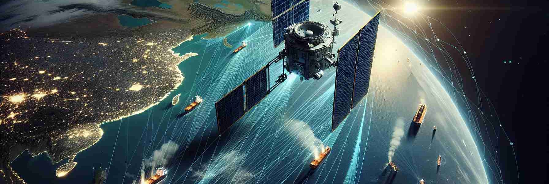 An image showcasing the advancements in maritime surveillance technology. It portrays a innovative satellite system developed by a fictional organization. The satellite is characterized by its highly sophisticated design, capable of providing high resolution, state-of-the-art surveillance from space. It's scanning the globe with different colors illustrating different types of data collected over the oceans. The oceans are filled with ships of various sizes, and their routes are illustrated as dotted lines on the water. In the background, there's a glimpse of the earth's horizon from space, beautifully contrasting with the deep void beyond.