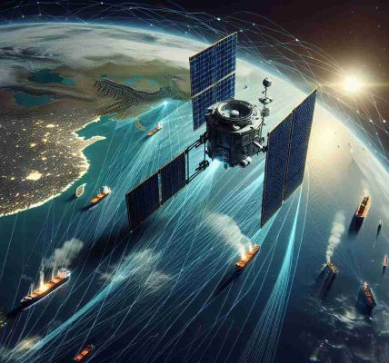 An image showcasing the advancements in maritime surveillance technology. It portrays a innovative satellite system developed by a fictional organization. The satellite is characterized by its highly sophisticated design, capable of providing high resolution, state-of-the-art surveillance from space. It's scanning the globe with different colors illustrating different types of data collected over the oceans. The oceans are filled with ships of various sizes, and their routes are illustrated as dotted lines on the water. In the background, there's a glimpse of the earth's horizon from space, beautifully contrasting with the deep void beyond.