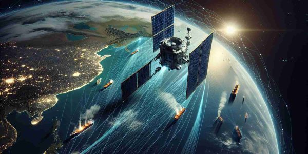 An image showcasing the advancements in maritime surveillance technology. It portrays a innovative satellite system developed by a fictional organization. The satellite is characterized by its highly sophisticated design, capable of providing high resolution, state-of-the-art surveillance from space. It's scanning the globe with different colors illustrating different types of data collected over the oceans. The oceans are filled with ships of various sizes, and their routes are illustrated as dotted lines on the water. In the background, there's a glimpse of the earth's horizon from space, beautifully contrasting with the deep void beyond.