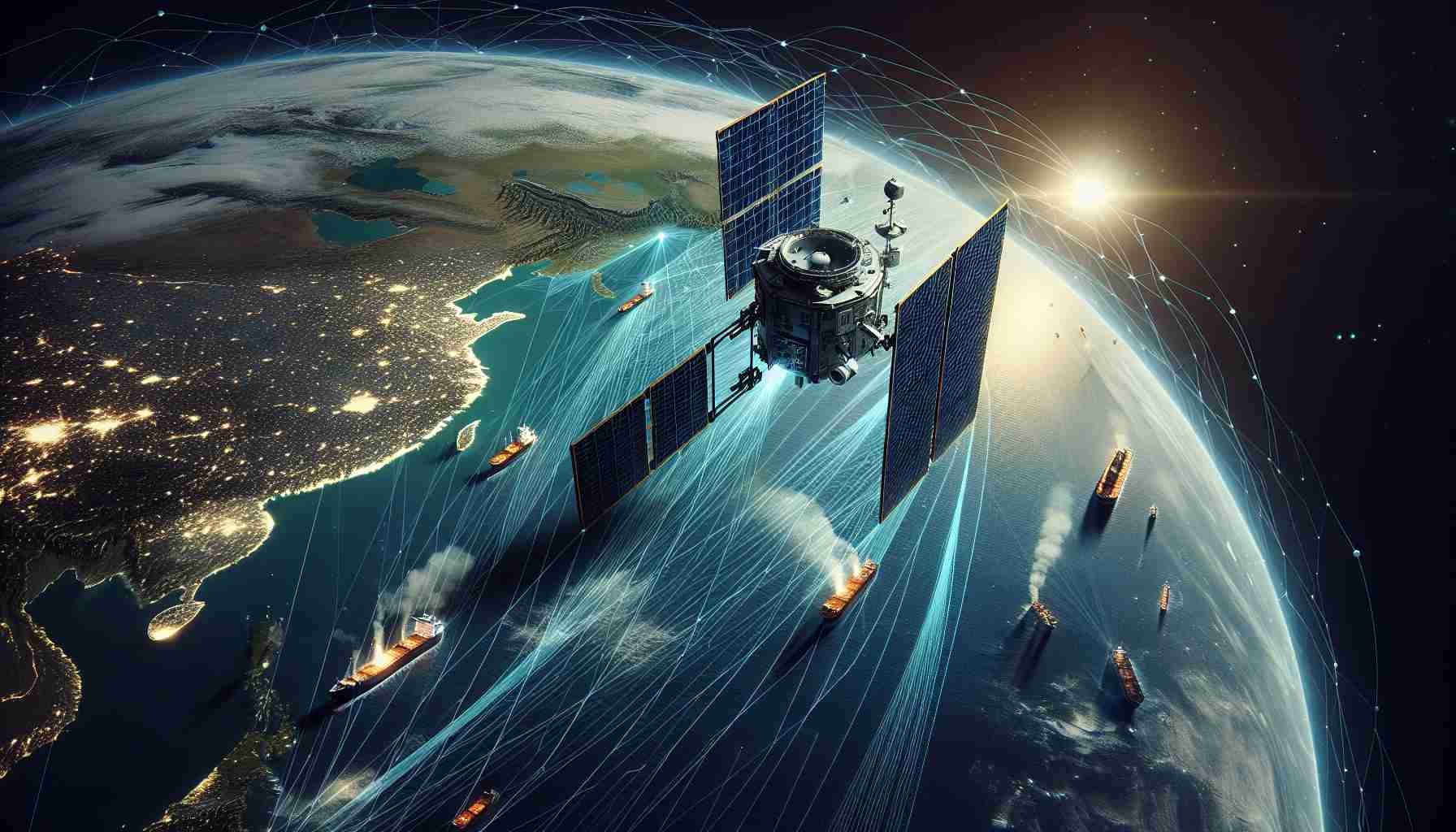 An image showcasing the advancements in maritime surveillance technology. It portrays a innovative satellite system developed by a fictional organization. The satellite is characterized by its highly sophisticated design, capable of providing high resolution, state-of-the-art surveillance from space. It's scanning the globe with different colors illustrating different types of data collected over the oceans. The oceans are filled with ships of various sizes, and their routes are illustrated as dotted lines on the water. In the background, there's a glimpse of the earth's horizon from space, beautifully contrasting with the deep void beyond.