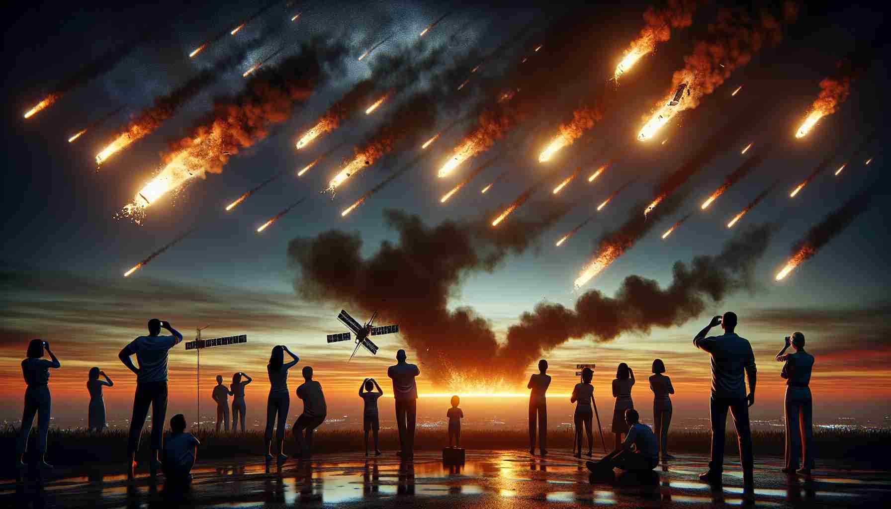 An HD realistic representation of a scene showing increasing concerns over satellite reentries and atmospheric pollution. The image should capture the silhouette of satellites descending against a dusk or dawn sky with streaks of fiery reentries, and perhaps pieces breaking off. The sky is densely filled with smoke and smog representing atmospheric pollution. On the ground, diverse group of people, including men, women, Black, Caucasian, Middle-Eastern and Hispanic individuals, watching the sky with worried and anxious expressions, some of them using binoculars. Please incorporate a news ticker or headline text stating 'Rising Concerns over Satellite Reentries and Atmospheric Pollution' to convey the severity of the issue.