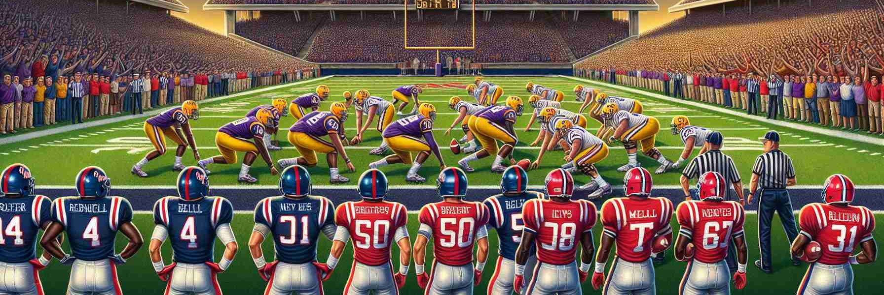 Detailed depiction of a high stakes American football match. One team wears traditional navy blue and red uniforms representing Ole Miss, whereas the opposing team, representing LSU, stands ready in their iconic purple and gold attire. The stadium is filled to capacity with excited fans, cheering and waving their team colors. A scoreboard in the background shows a tied game just before halftime. The field is lit under the stadium lights, and the players are tense, anticipating the next play.