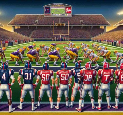 Detailed depiction of a high stakes American football match. One team wears traditional navy blue and red uniforms representing Ole Miss, whereas the opposing team, representing LSU, stands ready in their iconic purple and gold attire. The stadium is filled to capacity with excited fans, cheering and waving their team colors. A scoreboard in the background shows a tied game just before halftime. The field is lit under the stadium lights, and the players are tense, anticipating the next play.