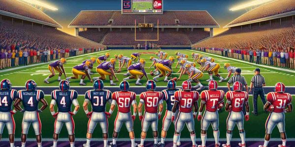 Detailed depiction of a high stakes American football match. One team wears traditional navy blue and red uniforms representing Ole Miss, whereas the opposing team, representing LSU, stands ready in their iconic purple and gold attire. The stadium is filled to capacity with excited fans, cheering and waving their team colors. A scoreboard in the background shows a tied game just before halftime. The field is lit under the stadium lights, and the players are tense, anticipating the next play.