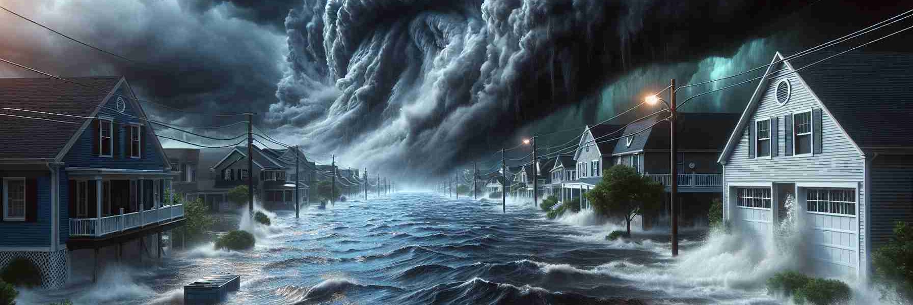 A high-definition, realistic image depicting evident flooding risks. A raging, relentless deluge surging into a coastal town with menacing, dark clouds looming in the horizon, a clear representation of an approaching hurricane. Streets are flooded, with water reaching the doors of neighboring houses. The ominous storm, personified as 'Hurricane Milton', intensifies, exacerbating the flooding risk, stirring a feeling of suspense and apprehension.