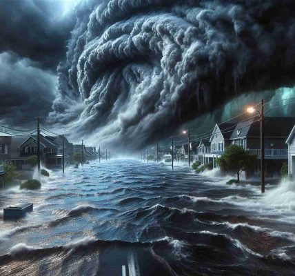 A high-definition, realistic image depicting evident flooding risks. A raging, relentless deluge surging into a coastal town with menacing, dark clouds looming in the horizon, a clear representation of an approaching hurricane. Streets are flooded, with water reaching the doors of neighboring houses. The ominous storm, personified as 'Hurricane Milton', intensifies, exacerbating the flooding risk, stirring a feeling of suspense and apprehension.