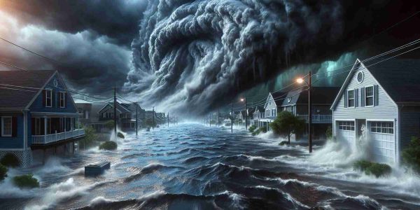 A high-definition, realistic image depicting evident flooding risks. A raging, relentless deluge surging into a coastal town with menacing, dark clouds looming in the horizon, a clear representation of an approaching hurricane. Streets are flooded, with water reaching the doors of neighboring houses. The ominous storm, personified as 'Hurricane Milton', intensifies, exacerbating the flooding risk, stirring a feeling of suspense and apprehension.