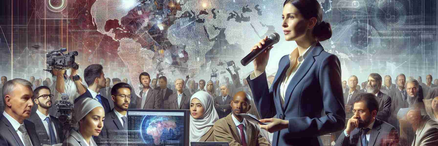 Envision a highly detailed, realistic scene that represents the complex interplay between technology and politics. The foreground features a Caucasian female politician in a professional suit, delivering a speech. In one hand she holds a microphone, while the other gestures to a holographic projection of global political boundaries and data flows. The background is teeming with diverse tech specialists: an Asian male coding on a laptop, a Middle-Eastern woman fixing a robot, and a Hispanic man setting up a digital screen that flashes news headlines. Layered in this visual narrative are echoes of internet cables, satellite imagery and particles of binary codes.