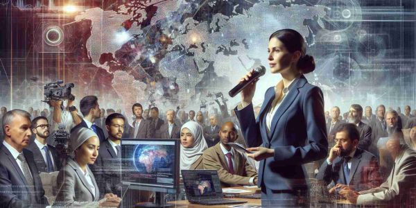 Envision a highly detailed, realistic scene that represents the complex interplay between technology and politics. The foreground features a Caucasian female politician in a professional suit, delivering a speech. In one hand she holds a microphone, while the other gestures to a holographic projection of global political boundaries and data flows. The background is teeming with diverse tech specialists: an Asian male coding on a laptop, a Middle-Eastern woman fixing a robot, and a Hispanic man setting up a digital screen that flashes news headlines. Layered in this visual narrative are echoes of internet cables, satellite imagery and particles of binary codes.