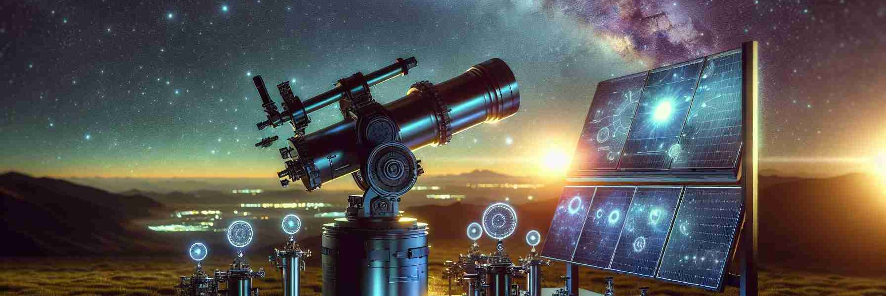 Produce a high-definition, realistic image of a new telescope, exhibited outdoors where the evening sky is beautifully painted with stars. The telescope is focused towards the sky, capturing solar activity. The scene is filled with a high-tech display that translates the captured solar activity into visually understandable data. Create a scene where the futuristic telescope and the stunning sky complement one another, symbolizing human endeavors to understand celestial phenomena.