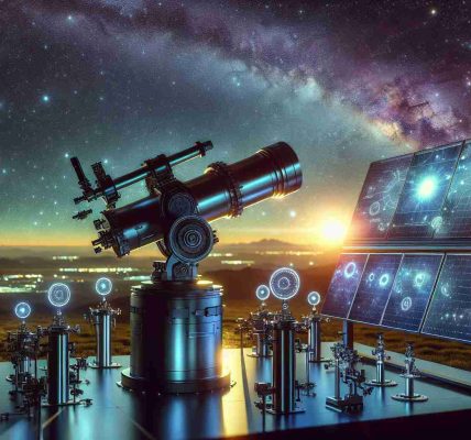 Produce a high-definition, realistic image of a new telescope, exhibited outdoors where the evening sky is beautifully painted with stars. The telescope is focused towards the sky, capturing solar activity. The scene is filled with a high-tech display that translates the captured solar activity into visually understandable data. Create a scene where the futuristic telescope and the stunning sky complement one another, symbolizing human endeavors to understand celestial phenomena.