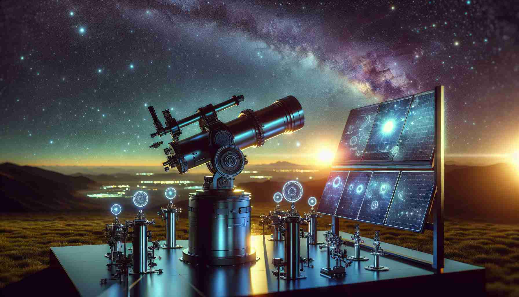 Produce a high-definition, realistic image of a new telescope, exhibited outdoors where the evening sky is beautifully painted with stars. The telescope is focused towards the sky, capturing solar activity. The scene is filled with a high-tech display that translates the captured solar activity into visually understandable data. Create a scene where the futuristic telescope and the stunning sky complement one another, symbolizing human endeavors to understand celestial phenomena.