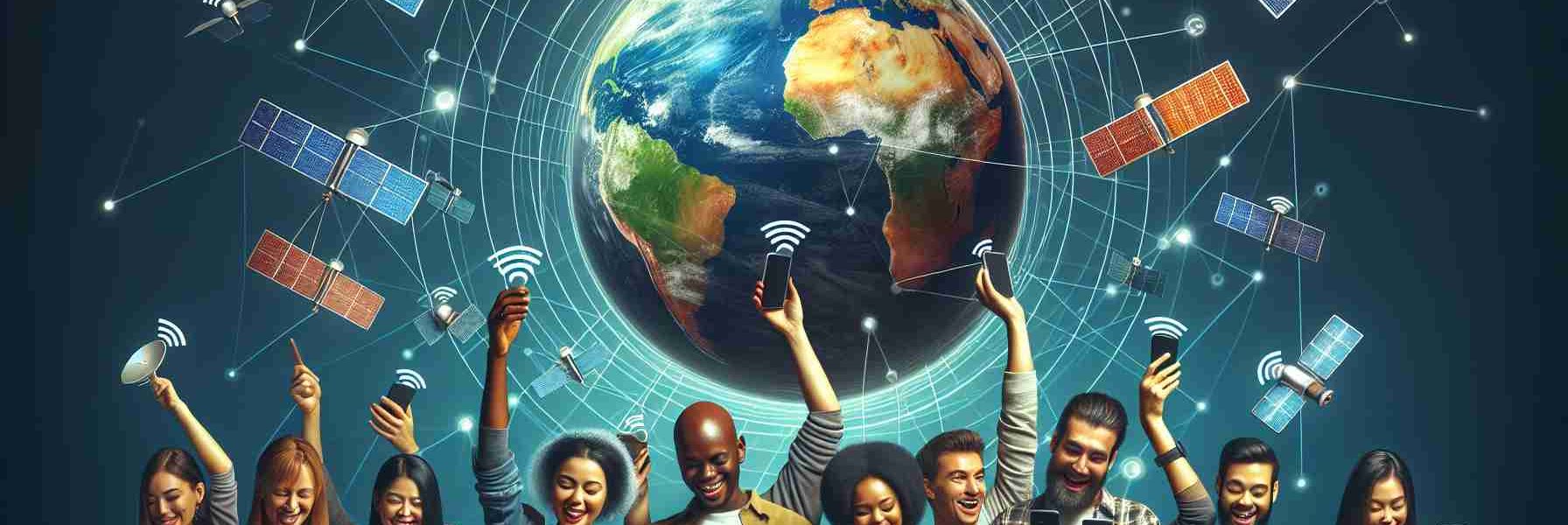 High definition, realistic image featuring enhanced connectivity concept. A group of people comprised of different descents like Caucasian, Black, and Hispanic are using their smartphones. All of them are excited while sending and receiving satellite messages. Their phones are not brand specific but should look modern with large screens. There's a background of a digital globe with satellite trajectories around it, symbolizing global connections.