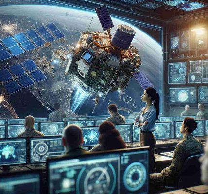 A realistic and high-definition image showcasing advances in the realm of military space technology. The setting is a modern control room filled with screens displaying maps of space and the Earth. Several people of diverse descents and genders are attentively monitoring the screens. The focus, however, is on an advanced piece of equipment designed for space exploration - a satellite module with solar panels extended, which is shown as a 3D hologram being manipulated by a South-Asian female scientist and Caucasian male engineer.