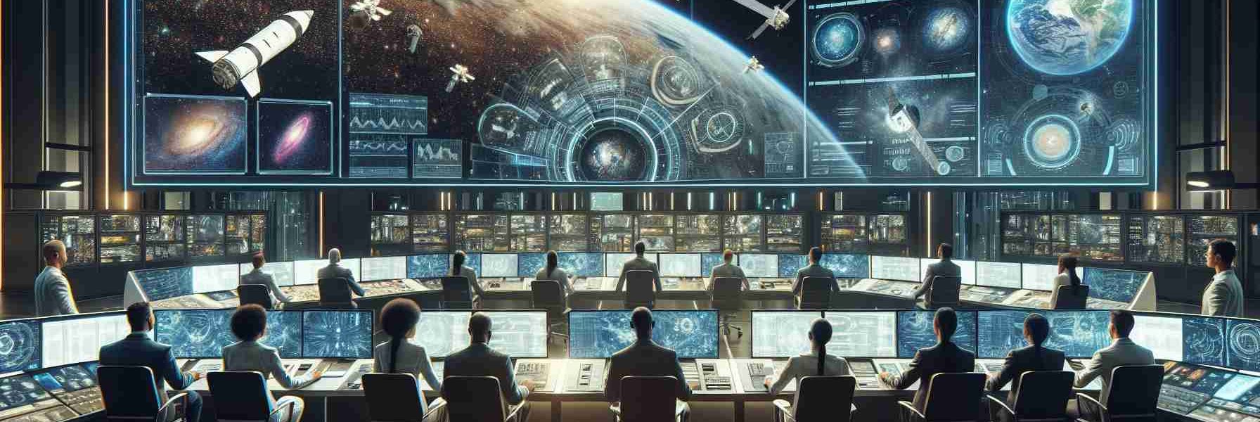 Create a high-definition, realistic image that showcases an innovative approach to space operations. The concept should show partnership between the Space Force and startups for satellite management. Space Force personnel should be equally represented by diverse descents including Caucasian, Hispanic, Black, Middle-Eastern, South Asian, and White. Represent both genders evenly among them in the control room filled with advanced technology. Simultaneously depict some startup employees, who are just as diverse in descent and gender. The scene should emphasis collaboration with a backdrop of screens projecting satellite data and star-studded space graphics.