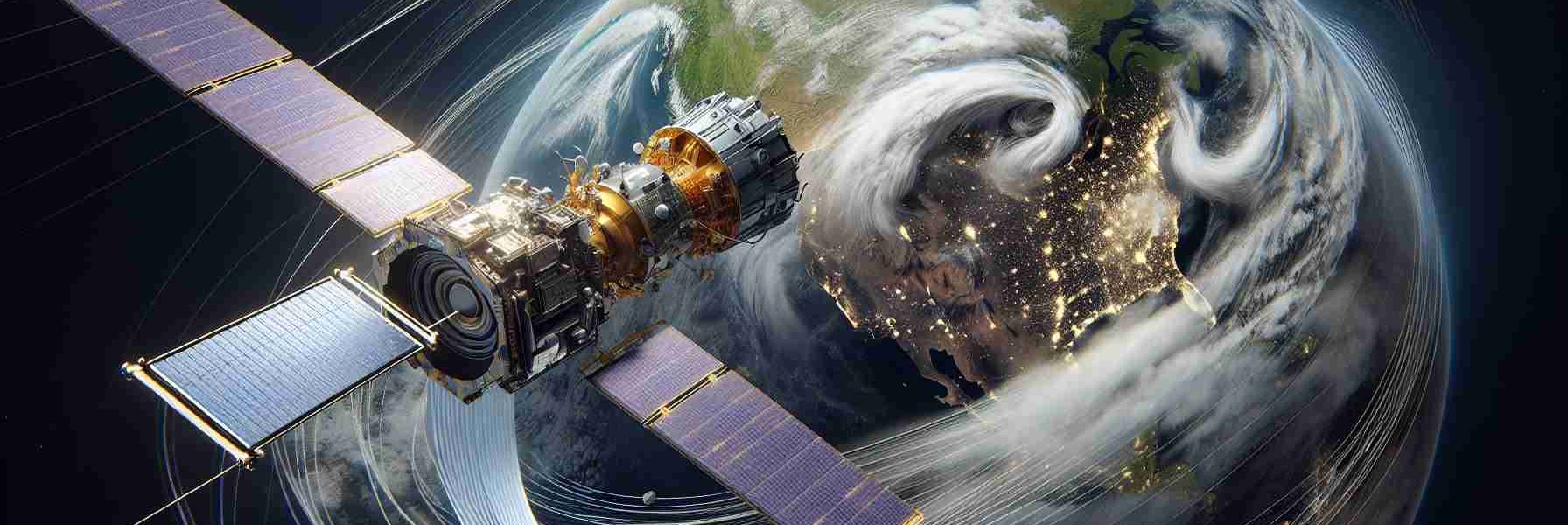 A highly detailed and realistic image capturing the concept of 'New Frontiers in Weather Tracking'. Features a technologically advanced satellite, referred to here as GOES-19, orbiting above the Earth. The satellite is equipped with high-tech instruments for collecting weather data. The Earth below is partly covered by swirling clouds, indicative of dynamic weather patterns. Include visual data streams flowing from the satellite, suggesting the transmission of weather data back to Earth.