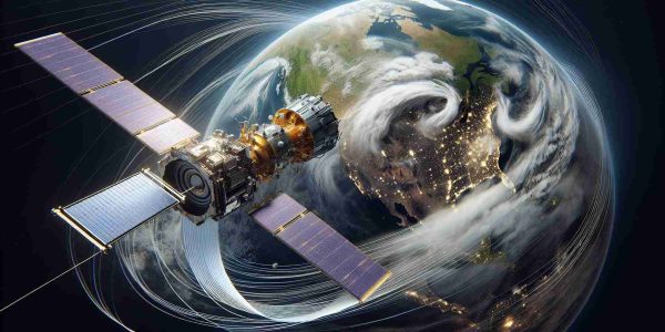 A highly detailed and realistic image capturing the concept of 'New Frontiers in Weather Tracking'. Features a technologically advanced satellite, referred to here as GOES-19, orbiting above the Earth. The satellite is equipped with high-tech instruments for collecting weather data. The Earth below is partly covered by swirling clouds, indicative of dynamic weather patterns. Include visual data streams flowing from the satellite, suggesting the transmission of weather data back to Earth.