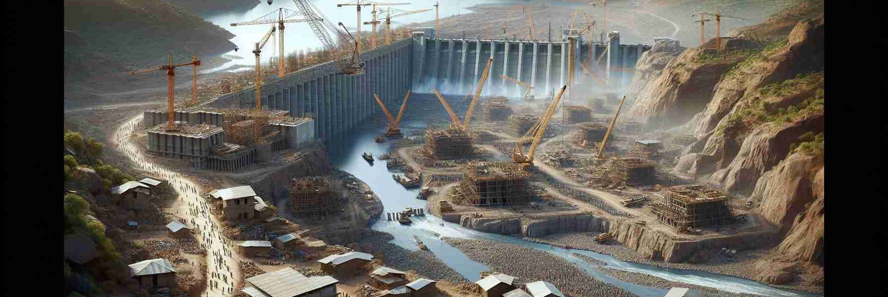 A high definition, realistic depiction of a grand hydroelectric project in process in Ethiopia. The visual should capture the massive scale of the construction project amid the Ethiopian landscape, including large cranes, a panoply of construction workers of various descents, the emerging dam structure, and the nearby river waiting to be harnessed. The surrounding terrain, characteristic of the region, and the clear African sky above should also be included.