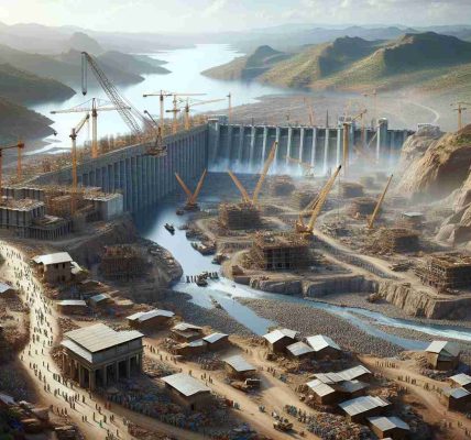 A high definition, realistic depiction of a grand hydroelectric project in process in Ethiopia. The visual should capture the massive scale of the construction project amid the Ethiopian landscape, including large cranes, a panoply of construction workers of various descents, the emerging dam structure, and the nearby river waiting to be harnessed. The surrounding terrain, characteristic of the region, and the clear African sky above should also be included.