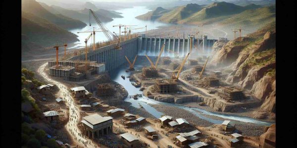 A high definition, realistic depiction of a grand hydroelectric project in process in Ethiopia. The visual should capture the massive scale of the construction project amid the Ethiopian landscape, including large cranes, a panoply of construction workers of various descents, the emerging dam structure, and the nearby river waiting to be harnessed. The surrounding terrain, characteristic of the region, and the clear African sky above should also be included.