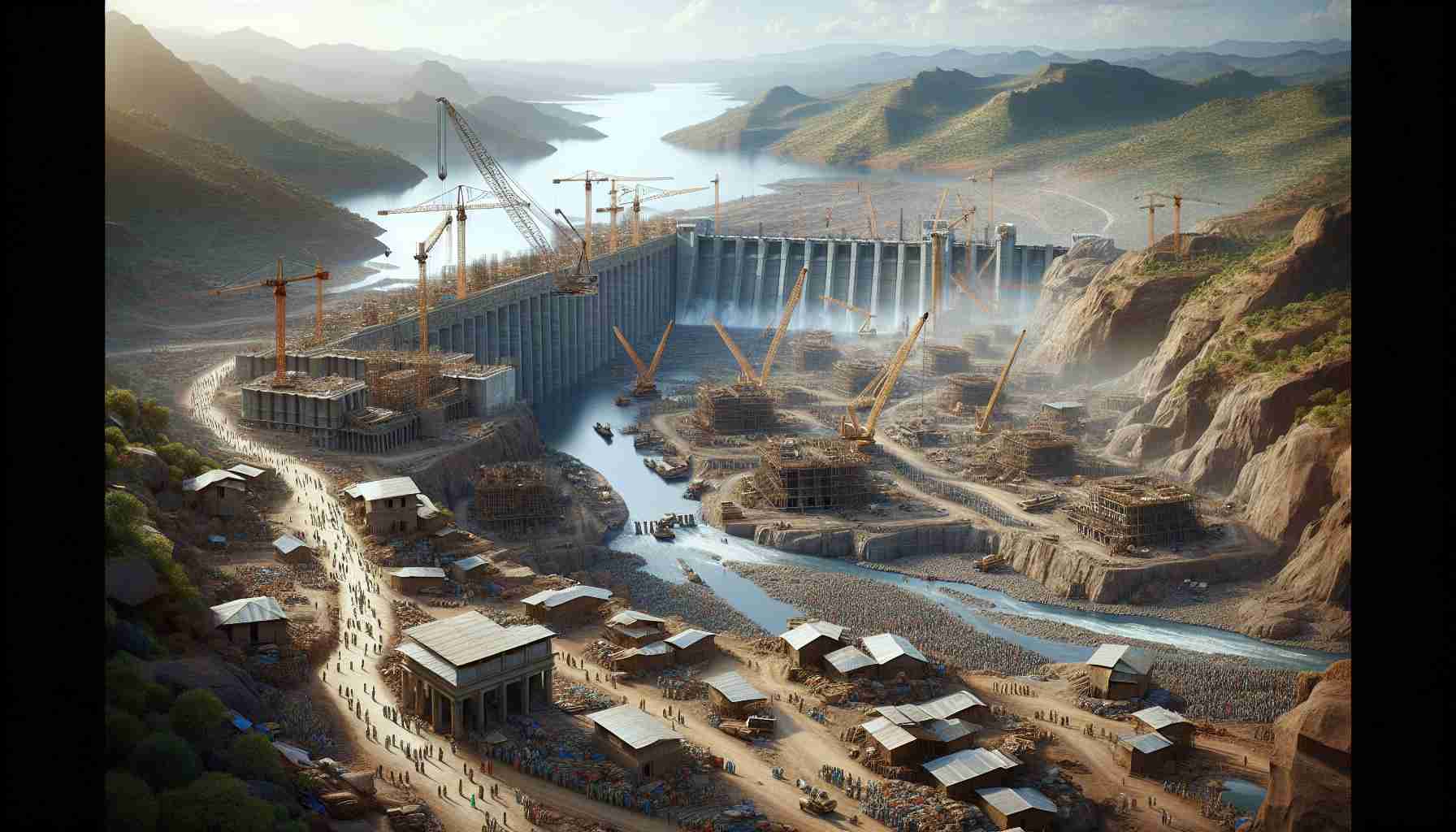 A high definition, realistic depiction of a grand hydroelectric project in process in Ethiopia. The visual should capture the massive scale of the construction project amid the Ethiopian landscape, including large cranes, a panoply of construction workers of various descents, the emerging dam structure, and the nearby river waiting to be harnessed. The surrounding terrain, characteristic of the region, and the clear African sky above should also be included.