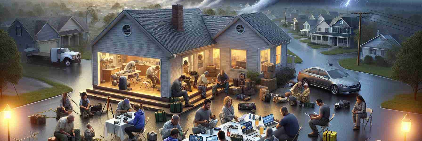 Render a realistic high-definition image of a scene envisioning preparation for Hurricane Milton. Present an array of activities showing people staying connected during the storm. Picture families in communication with handheld radios, community leaders coordinating on laptops, neighbors checking on each other, and people securing their homes. Display varying weather conditions, such as dark storm clouds brewing in the sky, heavy rainfall, and strong wind. Include safety gears like flashlights for power outage, extra batteries, waterproof storage containers, ropes for tying down loose objects, and first aid materials.