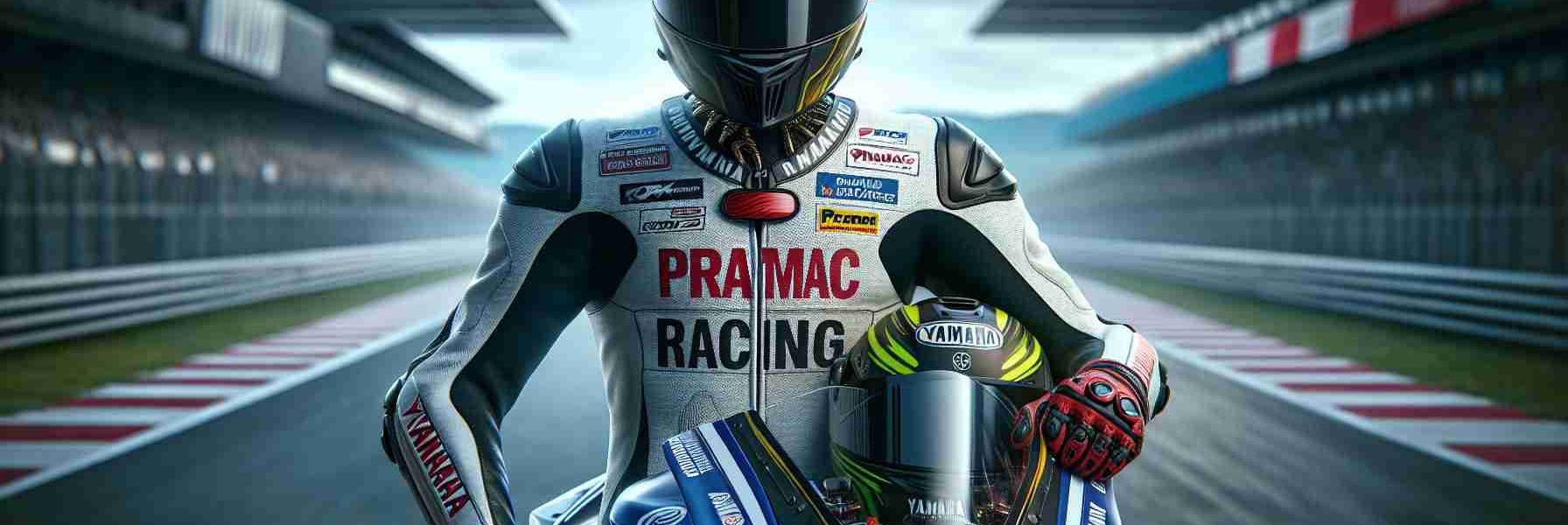 A high definition, realistic image of an anonymous professional motorcycle racer embarking on an exciting new journey with a notable racing team. The racer is dressed in full racing gear including a helmet and gloves, standing proudly beside a Yamaha motorcycle with the Pramac Racing logo prominently displayed. The setting is a racetrack, with the exhilaration of the race palpable in the atmosphere.