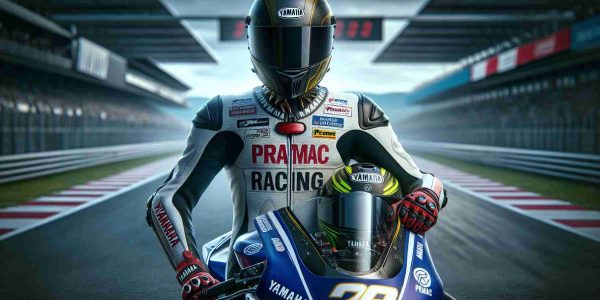 A high definition, realistic image of an anonymous professional motorcycle racer embarking on an exciting new journey with a notable racing team. The racer is dressed in full racing gear including a helmet and gloves, standing proudly beside a Yamaha motorcycle with the Pramac Racing logo prominently displayed. The setting is a racetrack, with the exhilaration of the race palpable in the atmosphere.