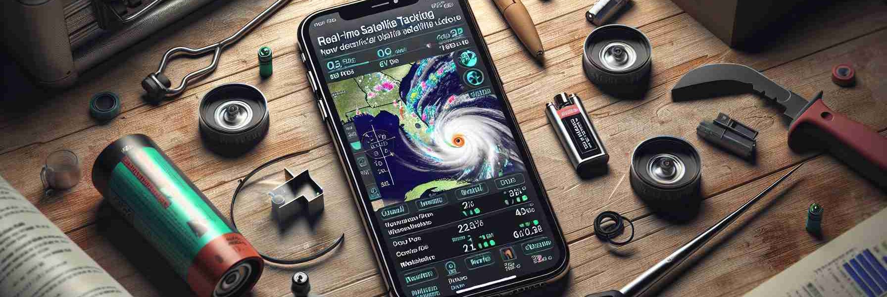 Generate a high-definition, realistic depiction of a new, essential satellite feature on an iPhone model. In this scene, the phone screen displays real-time hurricane tracking updates, with meteorological data and key safety information. Around the phone, the environment reflects the urgency of the situation with a distressed wooden table surface and multiple emergency items like flashlight and batteries scattered around.