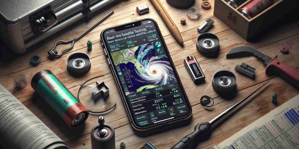Generate a high-definition, realistic depiction of a new, essential satellite feature on an iPhone model. In this scene, the phone screen displays real-time hurricane tracking updates, with meteorological data and key safety information. Around the phone, the environment reflects the urgency of the situation with a distressed wooden table surface and multiple emergency items like flashlight and batteries scattered around.