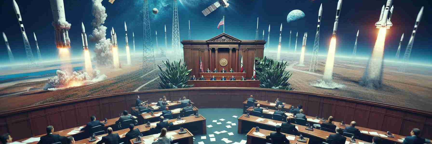 High-definition image of a portrayal of an abstract legal dispute concerning satellite launches in California. Visualize this with a depiction of a courtroom where lawyers are arguing. Papers symbolizing legal documents are scattered across the table. Balance this with a dramatic panorama of a Californian landscape, with a cloudless sky where we can see satellites being launched into orbit, representational of the Starlink initiative. Please avoid any depiction of specific public figures or identifiable individuals.