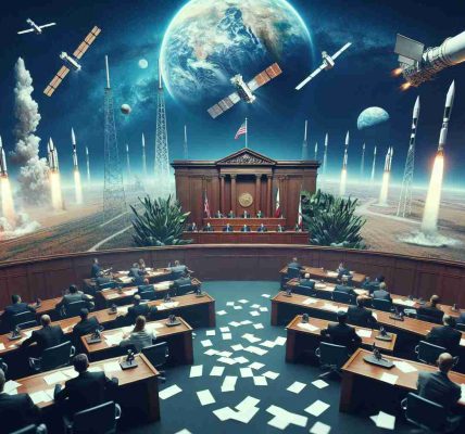 High-definition image of a portrayal of an abstract legal dispute concerning satellite launches in California. Visualize this with a depiction of a courtroom where lawyers are arguing. Papers symbolizing legal documents are scattered across the table. Balance this with a dramatic panorama of a Californian landscape, with a cloudless sky where we can see satellites being launched into orbit, representational of the Starlink initiative. Please avoid any depiction of specific public figures or identifiable individuals.