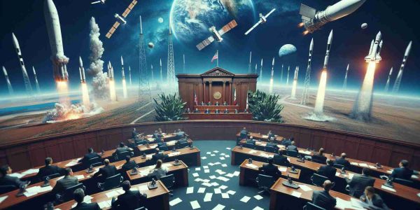 High-definition image of a portrayal of an abstract legal dispute concerning satellite launches in California. Visualize this with a depiction of a courtroom where lawyers are arguing. Papers symbolizing legal documents are scattered across the table. Balance this with a dramatic panorama of a Californian landscape, with a cloudless sky where we can see satellites being launched into orbit, representational of the Starlink initiative. Please avoid any depiction of specific public figures or identifiable individuals.