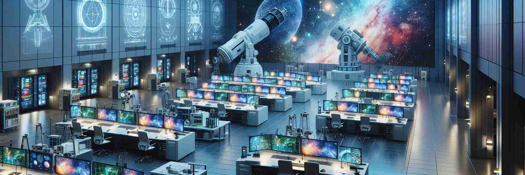 Generate a high-definition, realistic image of a state-of-the-art laboratory designed for satellite research. The room is filled with complex equipment like large monitors displaying colorful astronomical data, telescopes pointed towards the ceiling simulating a night sky, and pristine workstations with modern equipment for satellite assembly and testing. Prominently displayed on a wall is the logo of a fictional university 'UND', symbolizing the leading role they are taking in this field of research.