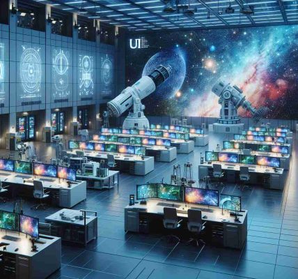 Generate a high-definition, realistic image of a state-of-the-art laboratory designed for satellite research. The room is filled with complex equipment like large monitors displaying colorful astronomical data, telescopes pointed towards the ceiling simulating a night sky, and pristine workstations with modern equipment for satellite assembly and testing. Prominently displayed on a wall is the logo of a fictional university 'UND', symbolizing the leading role they are taking in this field of research.