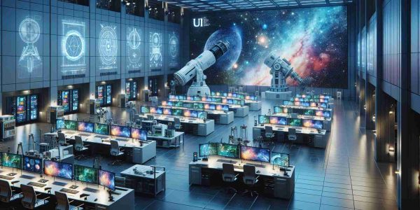 Generate a high-definition, realistic image of a state-of-the-art laboratory designed for satellite research. The room is filled with complex equipment like large monitors displaying colorful astronomical data, telescopes pointed towards the ceiling simulating a night sky, and pristine workstations with modern equipment for satellite assembly and testing. Prominently displayed on a wall is the logo of a fictional university 'UND', symbolizing the leading role they are taking in this field of research.