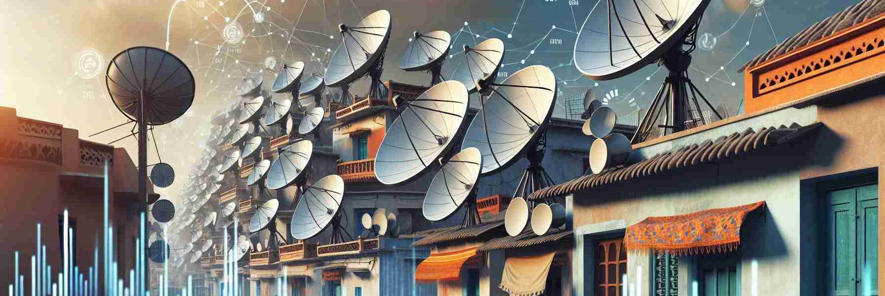 A high-definition, realistic image depicting the intense competition for satellite broadband in India. The scene captures a multitude of satellite dishes mounted on traditional Indian buildings, interpreting 'battle' metaphorically to show the increasing demand and competition. A clear blue sky in the background with a few clouds indicates favorable weather for satellite communication. Graphs and symbols float around, faintly visible, conveying the concepts of speed, connectivity, and network competition.