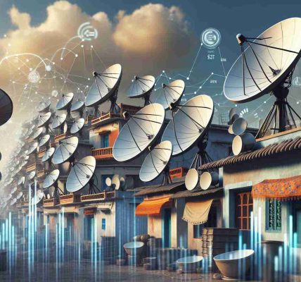 A high-definition, realistic image depicting the intense competition for satellite broadband in India. The scene captures a multitude of satellite dishes mounted on traditional Indian buildings, interpreting 'battle' metaphorically to show the increasing demand and competition. A clear blue sky in the background with a few clouds indicates favorable weather for satellite communication. Graphs and symbols float around, faintly visible, conveying the concepts of speed, connectivity, and network competition.